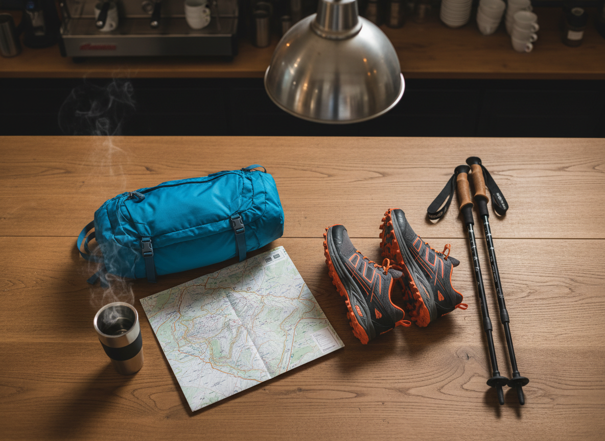A detailed flat lay of hiking and trail running essentials arranged on a wide, natural wood tabletop inside a modern outdoor shop. A pair of trail running shoes with aggressive treads, a lightweight hiking backpack, collapsible trekking poles, a stainless-steel travel mug with faint steam, and a folded topographic map are carefully placed with deliberate spacing. Soft overhead pendant lighting creates gentle, even illumination with subtle shadows defining each item’s shape and texture. In the blurred background, the edge of a commercial espresso machine and stacked ceramic cups hint at the in-store coffee bar. Shot from a perfectly overhead bird’s-eye view with crisp focus and balanced composition, the photographic style feels professional, organized, and inspiring for adventure planning.