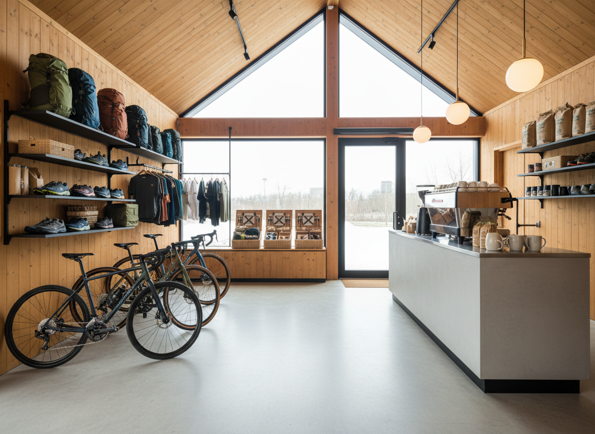 A meticulously arranged display of premium outdoor gear showcased inside a modern hut-inspired retail space. Sleek gravel bikes with matte frames lean against warm, honey-toned wooden walls, surrounded by neatly hung hiking packs, trail running shoes, and compact picnic sets on black metal shelving. A polished concrete floor leads toward a minimalist coffee counter where an espresso machine gleams beside burlap coffee bean bags. Soft, diffused daylight pours in through large front windows, accented by warm pendant lights that cast gentle, inviting shadows. Photographed at eye level with sharp focus throughout, the composition uses the rule of thirds to balance gear and coffee elements, creating a professional, photographic realism that feels welcoming, adventurous, and community-focused.