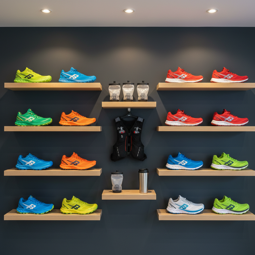 A dedicated trail running and road running wall inside the shop, featuring a precise, color-coordinated arrangement of shoes on floating wooden shelves. Lightweight trail shoes with aggressive lugs occupy one side, while sleek road running shoes with smooth soles line the other. Between them, a narrow shelf holds reusable soft flasks, a compact running vest, and a slim, insulated coffee tumbler. The wall is a deep charcoal tone, enhancing the vivid colors of the gear. Soft, even track lighting from above creates clean highlights and minimal shadows, emphasizing the professional, organized presentation. Captured straight-on at eye level in crisp photographic realism, the composition is symmetrical and balanced, conveying performance, clarity, and the seamless blend of endurance sports with coffee-fueled preparation.