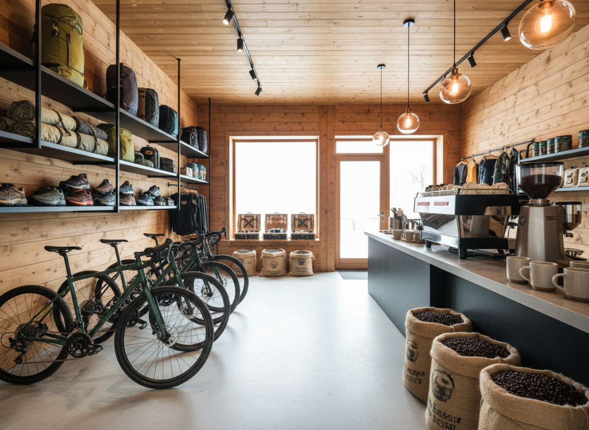 A meticulously arranged display of premium outdoor gear showcased inside a modern hut-inspired retail space. Sleek gravel bikes with matte frames lean against warm, honey-toned wooden walls, surrounded by neatly hung hiking packs, trail running shoes, and compact picnic sets on black metal shelving. A polished concrete floor leads toward a minimalist coffee counter where an espresso machine gleams beside burlap coffee bean bags. Soft, diffused daylight pours in through large front windows, accented by warm pendant lights that cast gentle, inviting shadows. Photographed at eye level with sharp focus throughout, the composition uses the rule of thirds to balance gear and coffee elements, creating a professional, photographic realism that feels welcoming, adventurous, and community-focused.