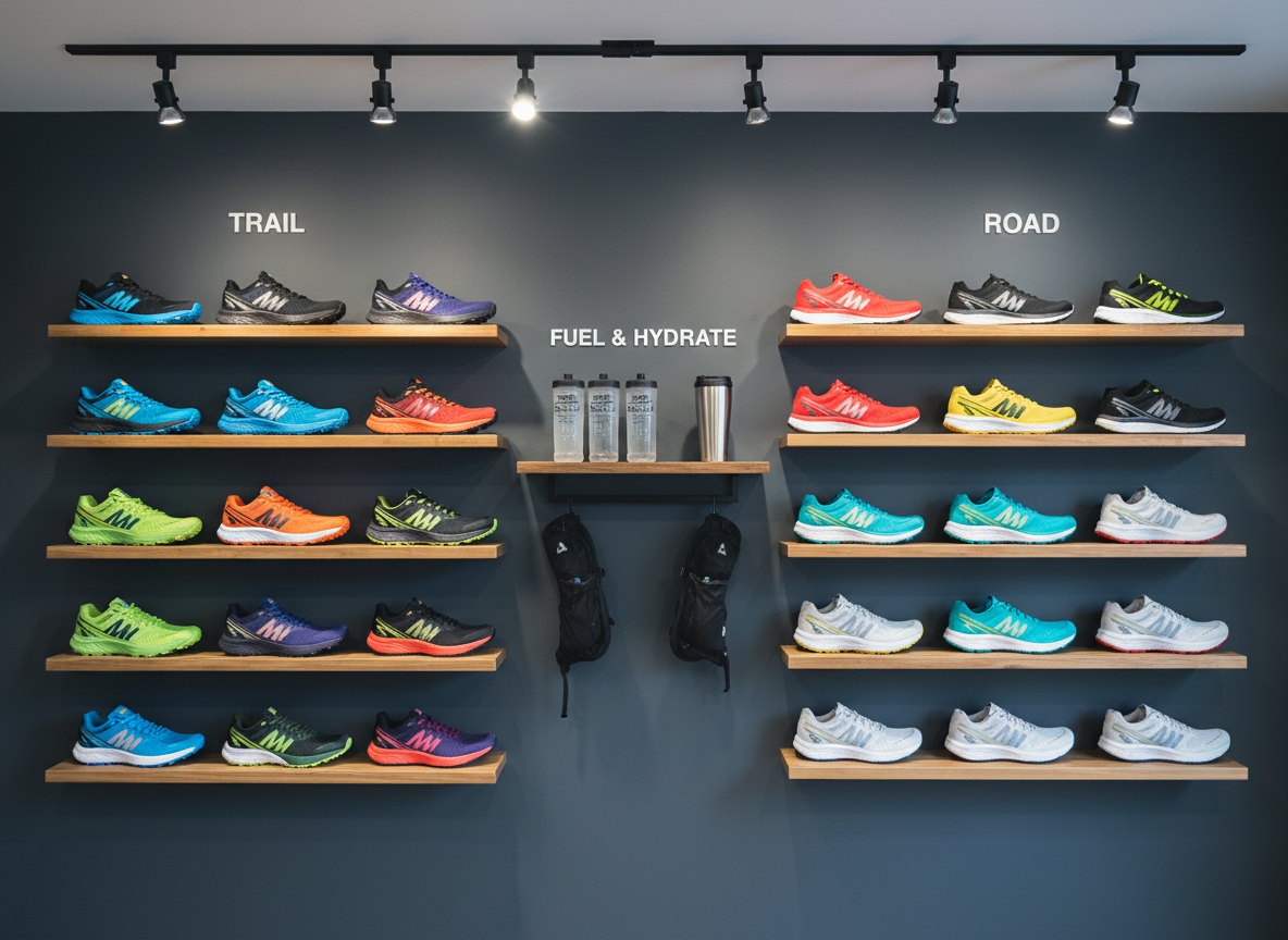 A dedicated trail running and road running wall inside the shop, featuring a precise, color-coordinated arrangement of shoes on floating wooden shelves. Lightweight trail shoes with aggressive lugs occupy one side, while sleek road running shoes with smooth soles line the other. Between them, a narrow shelf holds reusable soft flasks, a compact running vest, and a slim, insulated coffee tumbler. The wall is a deep charcoal tone, enhancing the vivid colors of the gear. Soft, even track lighting from above creates clean highlights and minimal shadows, emphasizing the professional, organized presentation. Captured straight-on at eye level in crisp photographic realism, the composition is symmetrical and balanced, conveying performance, clarity, and the seamless blend of endurance sports with coffee-fueled preparation.
