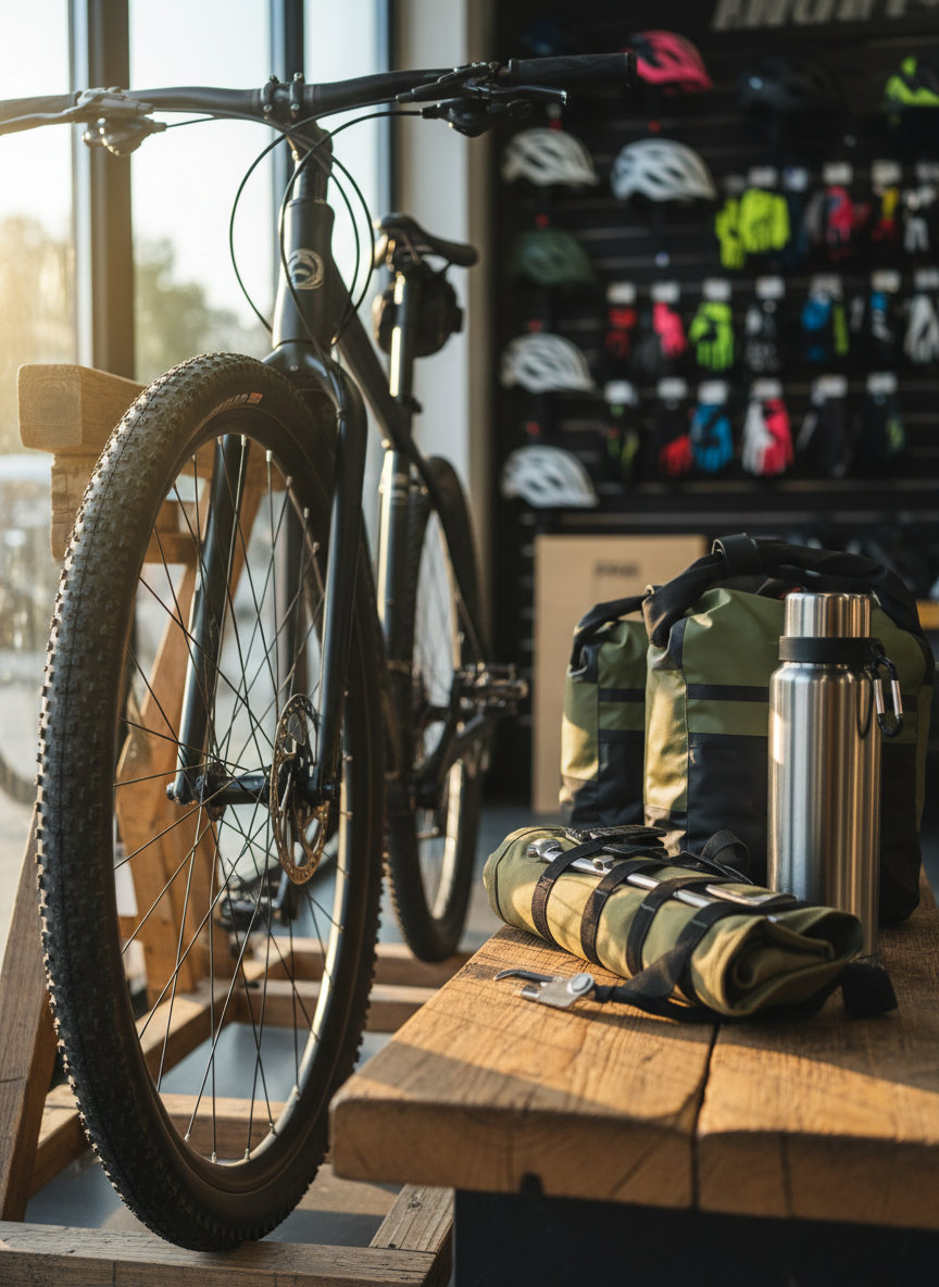 A close-up, photographic realism shot of a gravel bike front wheel leaning against a rustic wooden rack, surrounded by essential bikepacking gear. Waterproof frame bags, a compact tool kit, and a stainless-steel insulated coffee flask rest on a weathered wooden bench beside the bike. The background shows blurred shelves of helmets and multi-colored cycling gloves, softly out of focus. Golden afternoon light filters through a large window, catching subtle textures in the bike’s knobby tires and brushed metal spokes. The mood is purposeful and adventurous, with a clean, professional aesthetic. Captured from a slightly low, three-quarter angle with shallow depth of field, the composition draws the eye to the intricate details of the gear, hinting at long, coffee-fueled gravel rides.