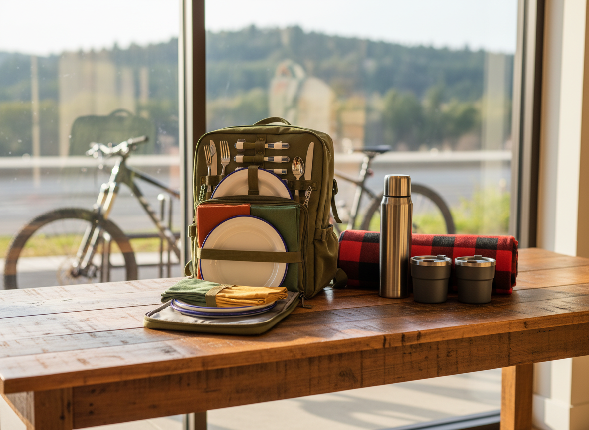 An inviting outdoor-themed picnic display arranged on a large, reclaimed wood table near the front of the shop. A rugged, insulated picnic backpack is unzipped to reveal neatly organized stainless cutlery, enamel plates, and cloth napkins in earth tones. Beside it, a checkered wool blanket is partially rolled, with a double-walled coffee thermos and two lidded camping tumblers resting on top. Through the large store window behind, a glimpse of parked mountain bikes and distant trees adds context, softly blurred. Natural, late-morning light streams in, creating gentle highlights on metal surfaces and a warm glow on the wood grain. Photographed at an eye-level, three-quarter angle with moderate depth of field, the scene feels relaxed, aspirational, and professionally styled, perfect for showcasing the shop’s picnic and coffee-friendly adventure gear.