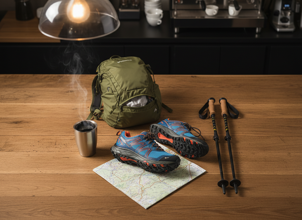 A detailed flat lay of hiking and trail running essentials arranged on a wide, natural wood tabletop inside a modern outdoor shop. A pair of trail running shoes with aggressive treads, a lightweight hiking backpack, collapsible trekking poles, a stainless-steel travel mug with faint steam, and a folded topographic map are carefully placed with deliberate spacing. Soft overhead pendant lighting creates gentle, even illumination with subtle shadows defining each item’s shape and texture. In the blurred background, the edge of a commercial espresso machine and stacked ceramic cups hint at the in-store coffee bar. Shot from a perfectly overhead bird’s-eye view with crisp focus and balanced composition, the photographic style feels professional, organized, and inspiring for adventure planning.