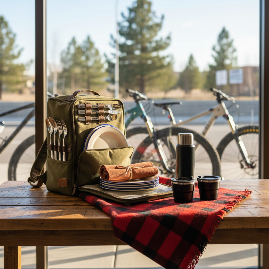 An inviting outdoor-themed picnic display arranged on a large, reclaimed wood table near the front of the shop. A rugged, insulated picnic backpack is unzipped to reveal neatly organized stainless cutlery, enamel plates, and cloth napkins in earth tones. Beside it, a checkered wool blanket is partially rolled, with a double-walled coffee thermos and two lidded camping tumblers resting on top. Through the large store window behind, a glimpse of parked mountain bikes and distant trees adds context, softly blurred. Natural, late-morning light streams in, creating gentle highlights on metal surfaces and a warm glow on the wood grain. Photographed at an eye-level, three-quarter angle with moderate depth of field, the scene feels relaxed, aspirational, and professionally styled, perfect for showcasing the shop’s picnic and coffee-friendly adventure gear.
