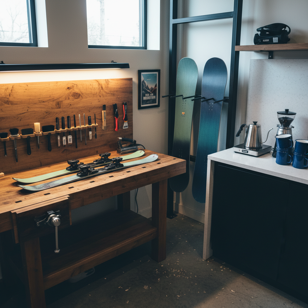 A cozy corner of an outdoor gear shop featuring a compact ski and snowboard tuning area adjacent to a minimalist coffee nook. A waxed wooden workbench holds a pair of skis with fresh wax sheen, an iron, brushes, and neatly lined tuning tools, while a nearby rack displays snowboards in gradient colors with matte finishes. To the side, a small counter hosts a gleaming pour-over kettle, an espresso grinder, and neatly stacked enamel mugs. Cool, diffused daylight from a high window mixes with warm task lighting above the bench, creating a balanced, professional atmosphere. Captured from a slightly elevated angle in photographic realism, the composition emphasizes both craftsmanship and comfort, suggesting a place where gear is prepped for snowy adventures while coffee brews in the background.