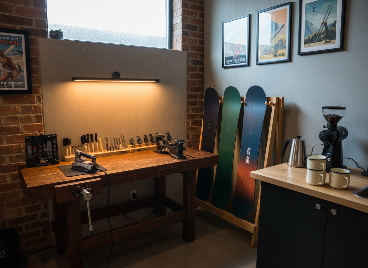 A cozy corner of an outdoor gear shop featuring a compact ski and snowboard tuning area adjacent to a minimalist coffee nook. A waxed wooden workbench holds a pair of skis with fresh wax sheen, an iron, brushes, and neatly lined tuning tools, while a nearby rack displays snowboards in gradient colors with matte finishes. To the side, a small counter hosts a gleaming pour-over kettle, an espresso grinder, and neatly stacked enamel mugs. Cool, diffused daylight from a high window mixes with warm task lighting above the bench, creating a balanced, professional atmosphere. Captured from a slightly elevated angle in photographic realism, the composition emphasizes both craftsmanship and comfort, suggesting a place where gear is prepped for snowy adventures while coffee brews in the background.